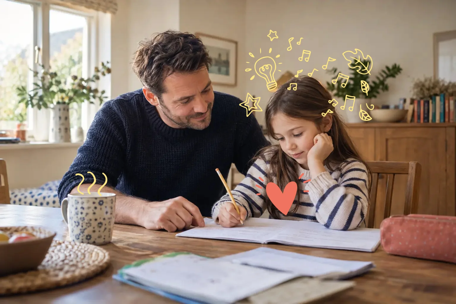 A father supporting his daughter as she begins homework at the kitchen table