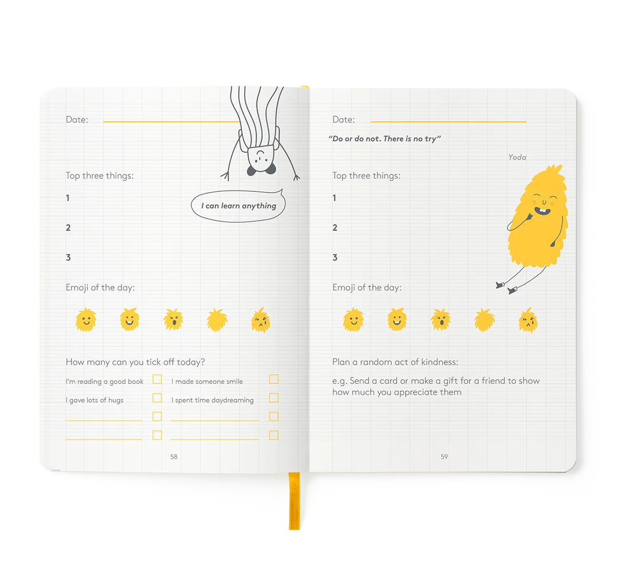 Example illustrated activity spread inside the HappySelf Junior Journal