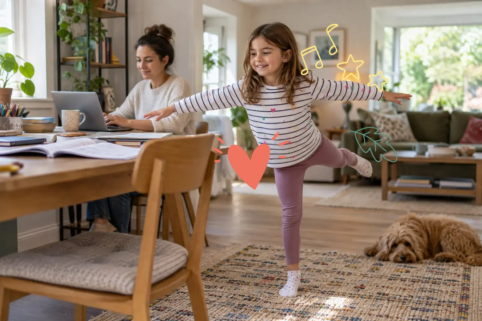 A child taking an active movement break at home
