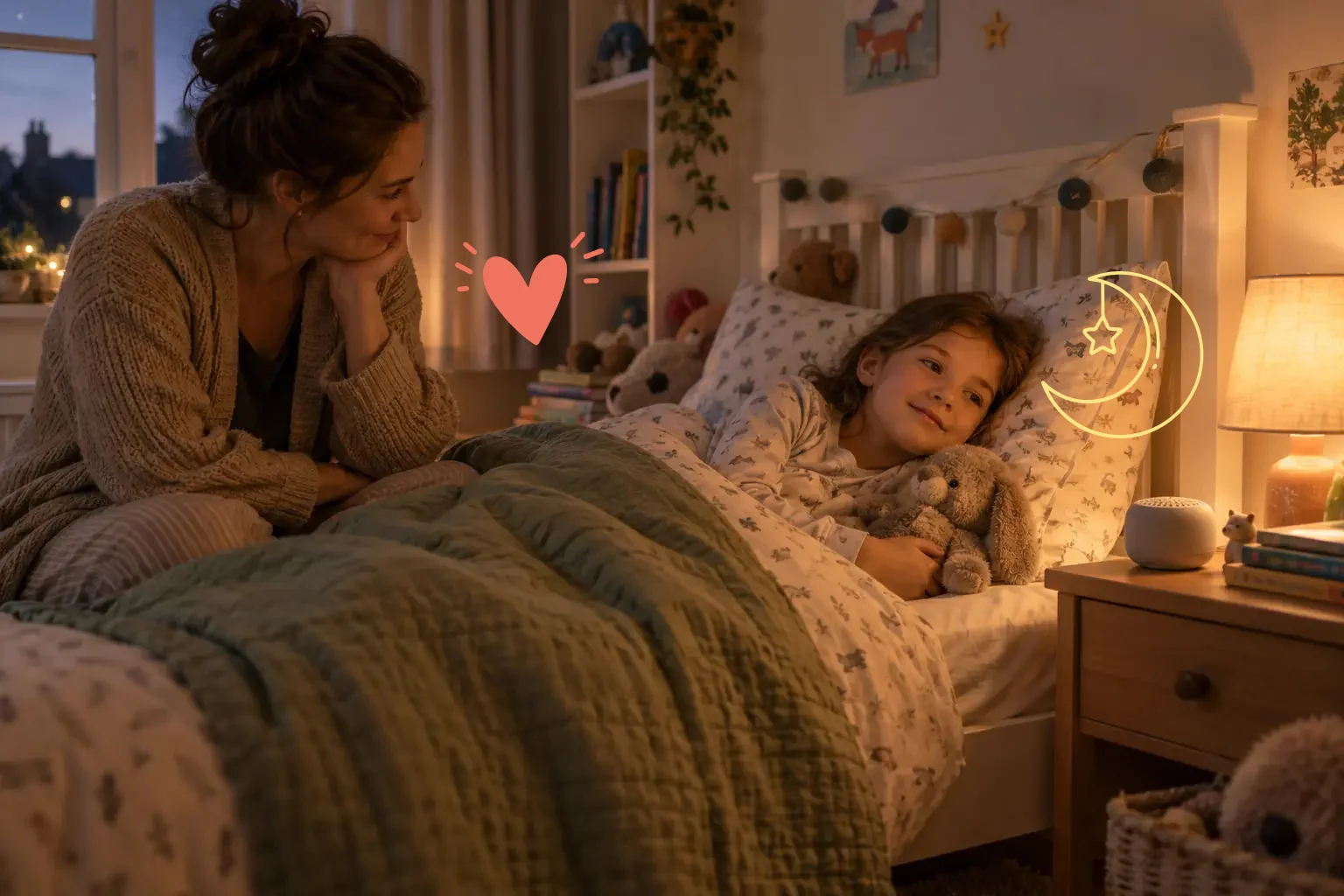 A child settling into a calm screen-free bedtime routine