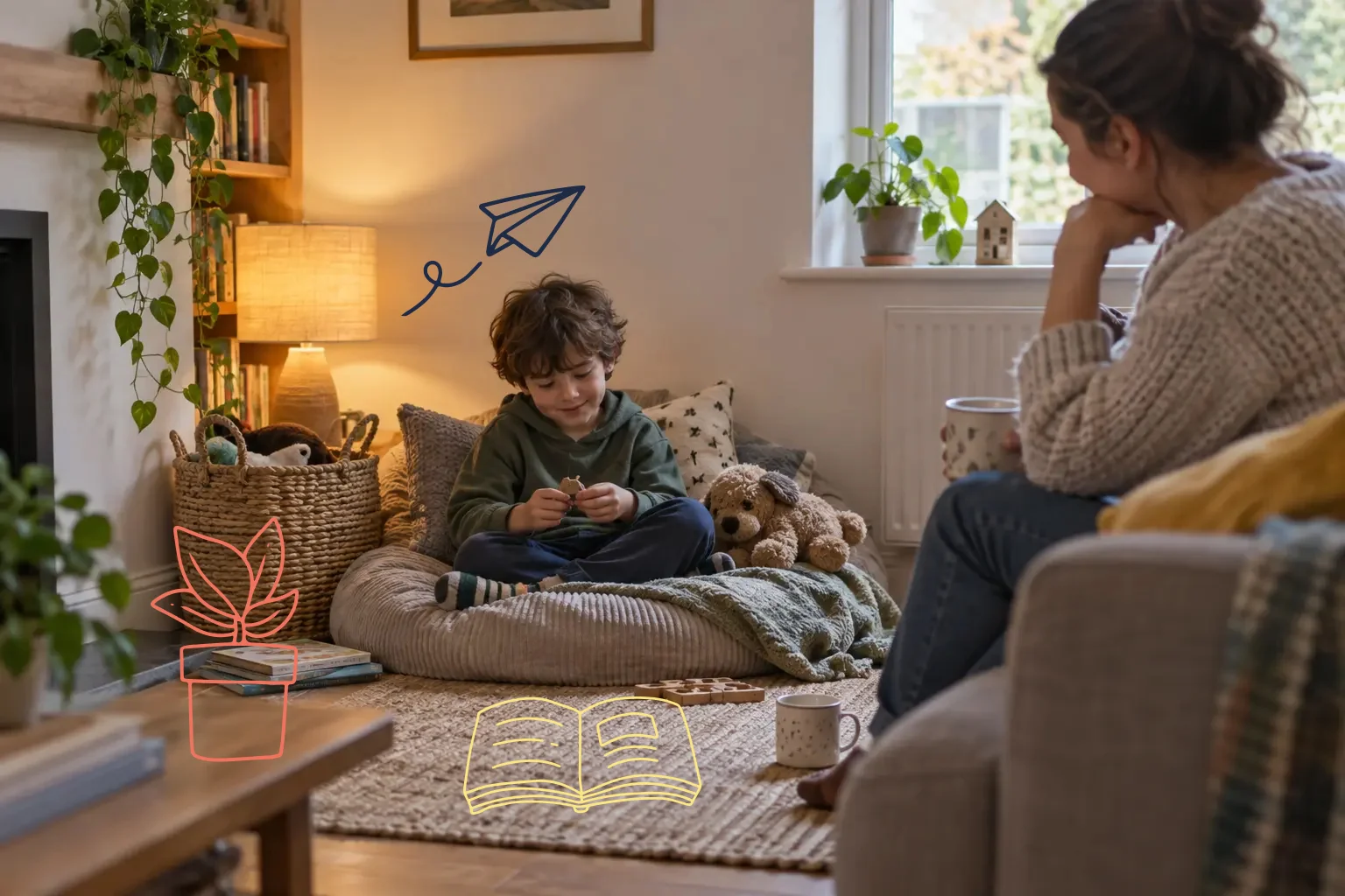 A small comfortable calm corner set up for a child at home