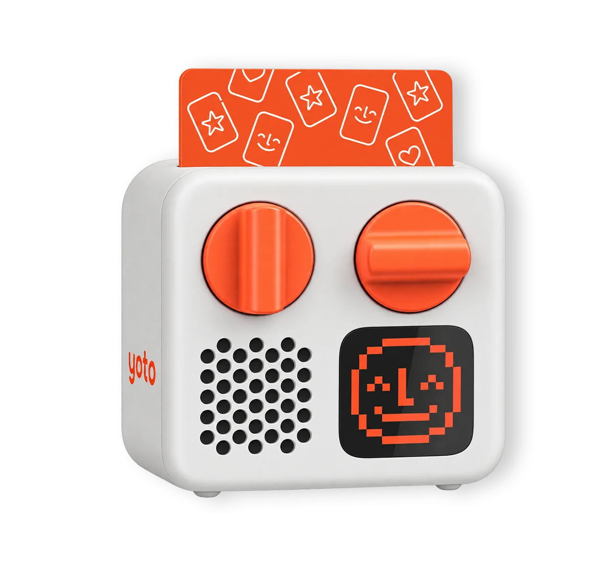 White Yoto Mini Player with orange controls and card